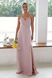 Burgundy A Line Long Bridesmaid Dress With Slit