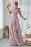 Mint Green A Line V Neck Long Pleated Bridesmaid Dress