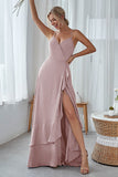 Slate Blue A Line Ruffles Long Bridesmaid Dress With Split