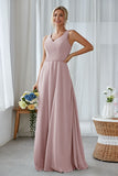 Silver A Line Chiffon Long Bridesmaid Dress With Pockets