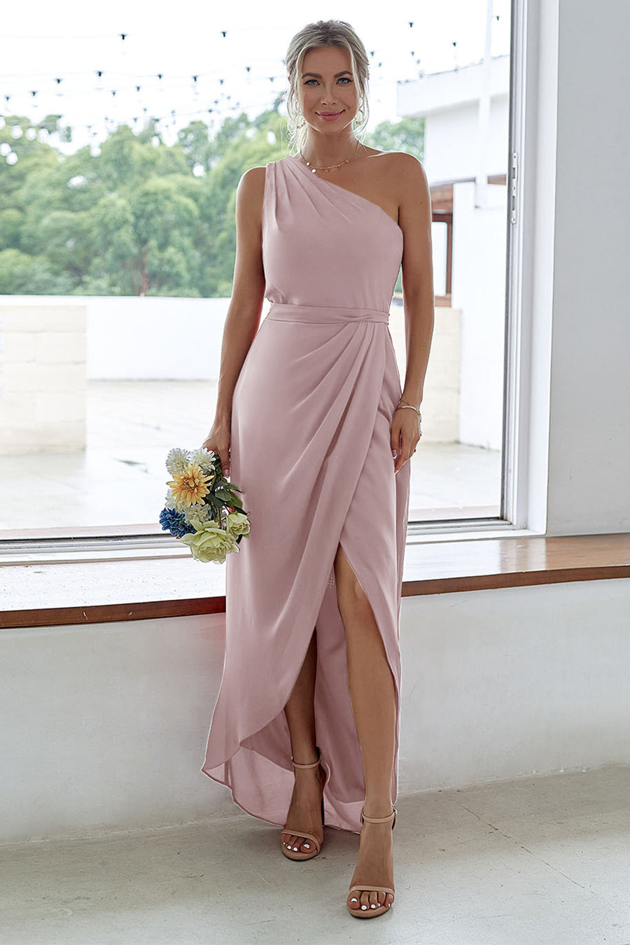 dusty mauve bridesmaid dresses uk WEDTREND Women Elegant Vintage Mauve Bridesmaid Dress A-Line V-Nevk Long  Sleeves Wedding Guest Dress main image 0