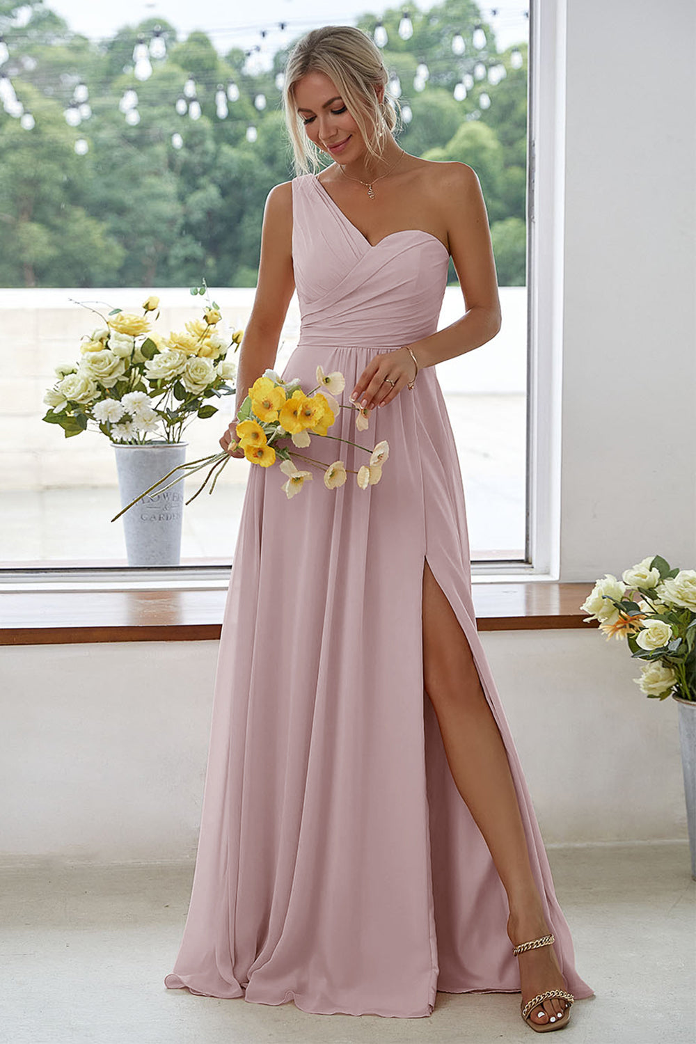 Leely Women Peach Long Bridesmaid Dress One Shoulder Chiffon Formal Dress With Side Slit – leelyuk