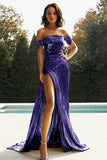 Metallic Golden Off the Shoulder Sheath Prom Dress with Slit