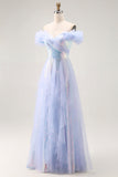 Sparkly Light Blue Off the Shoulder Long Sequin Prom Dress with Ruffles