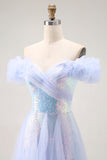 Sparkly Light Blue Off the Shoulder Long Sequin Prom Dress with Ruffles
