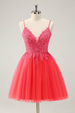 Cute Hot Pink A Line Spaghetti Straps Short Prom Dress with Appliques