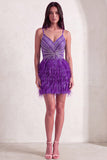 Sparkly Purple Bodycon V-Neck Beaded Short Cocktail Dress with Feathers