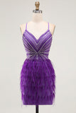 Sparkly Purple Bodycon V-Neck Beaded Short Cocktail Dress with Feathers
