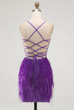 Sparkly Purple Bodycon V-Neck Beaded Short Cocktail Dress with Feathers