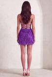 Sparkly Purple Bodycon V-Neck Beaded Short Cocktail Dress with Feathers