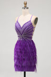 Sparkly Purple Bodycon V-Neck Beaded Short Cocktail Dress with Feathers