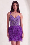 Sparkly Purple Bodycon V-Neck Beaded Short Cocktail Dress with Feathers