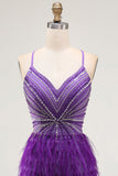 Sparkly Purple Bodycon V-Neck Beaded Short Cocktail Dress with Feathers