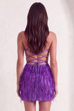 Sparkly Purple Bodycon V-Neck Beaded Short Cocktail Dress with Feathers