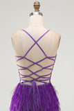 Sparkly Purple Bodycon V-Neck Beaded Short Cocktail Dress with Feathers