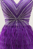 Sparkly Purple Bodycon V-Neck Beaded Short Cocktail Dress with Feathers