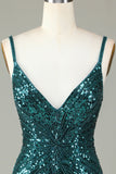 Sparkly Bodycon Spaghetti Straps Green Lace-Up Back Short Prom Dress with Beading