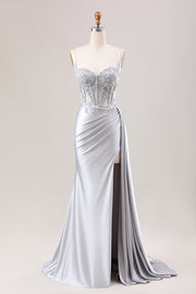 Silver Sweetheart Corset Applique Mermaid Satin Long Prom Dress