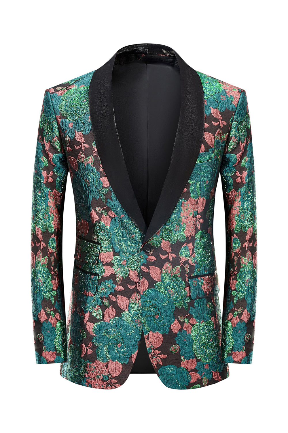 Leely Men Green Jacquard Prom Blazer Shawl Lapel Floral Pattern