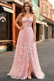 Sparkly Blue A Line Spaghetti Straps Sequin Corset Prom Dress With Slit