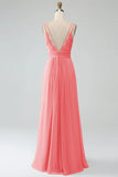 A-Line Pleated Spaghetti Straps Chiffon Bridesmaid Dress With Slit