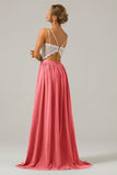 Terracotta A-Line Spaghetti Straps Pleated Long Bridesmaid Dress With Lace