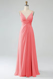 A-Line Pleated Spaghetti Straps Chiffon Bridesmaid Dress With Slit