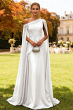 Dark Green Long One Shoulder Chiffon Wedding Guest Dress with Cape