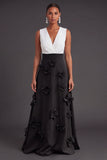 Fuchsia and Orange Floral A Line V-Neck Long Formal Dress