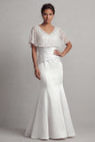 Sparkly Beaded Champagne Mermaid Ruched Satin Long Mother of the Bride Dress