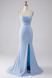 Sparkly Mermaid Light Blue Prom Dress with Slit