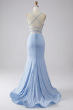 Sparkly Mermaid Light Blue Prom Dress with Slit