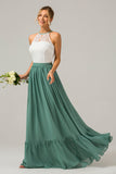 Eucalyptus A-Line Halter Pleated Keyhole Chiffon Bridesmaid Dress With Lace