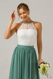 Eucalyptus A-Line Halter Pleated Keyhole Chiffon Bridesmaid Dress With Lace