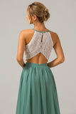 Eucalyptus A-Line Halter Pleated Keyhole Chiffon Bridesmaid Dress With Lace