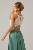 Eucalyptus A-Line Halter Pleated Keyhole Chiffon Bridesmaid Dress With Lace