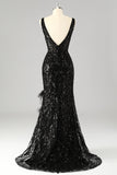 Sparkly Sequin V-Neck Mermaid Long Prom Dress with Feathers