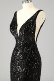 Sparkly Sequin V-Neck Mermaid Long Prom Dress with Feathers