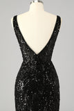 Sparkly Sequin V-Neck Mermaid Long Prom Dress with Feathers
