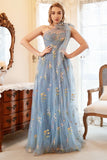 A-Line One Shoulder Black Long Prom Dress With Embroidery