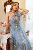 A-Line One Shoulder Black Long Prom Dress With Embroidery
