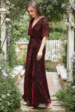 Rust A-Line V Neck Burnout Velvet Bridesmaid Dress with Slit