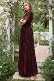 Rust A-Line V Neck Burnout Velvet Bridesmaid Dress with Slit