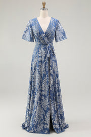 Blue Velvet V-Neck A Line Maxi Mother of Bride Dress
