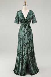 Pine Burnout Velvet V-Neck A Line Maxi Wedding Guest Dress with Slit