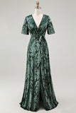 Burnout Velvet Dark Green Wedding Party Dress Dress with Slit