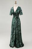 Burnout Velvet Dark Green Wedding Party Dress Dress with Slit