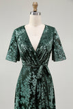 Burnout Velvet Dark Green Wedding Party Dress Dress with Slit