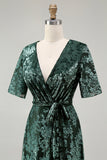 Burnout Velvet Dark Green Wedding Party Dress Dress with Slit