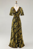 Golden Purple Velvet V-Neck A Line Long Mother of Bride Dress with Slit